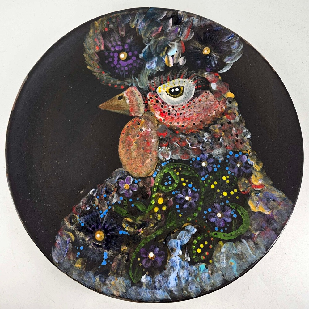 Vintage Studio Art Dark Academia roosted hand made painted pottery platter